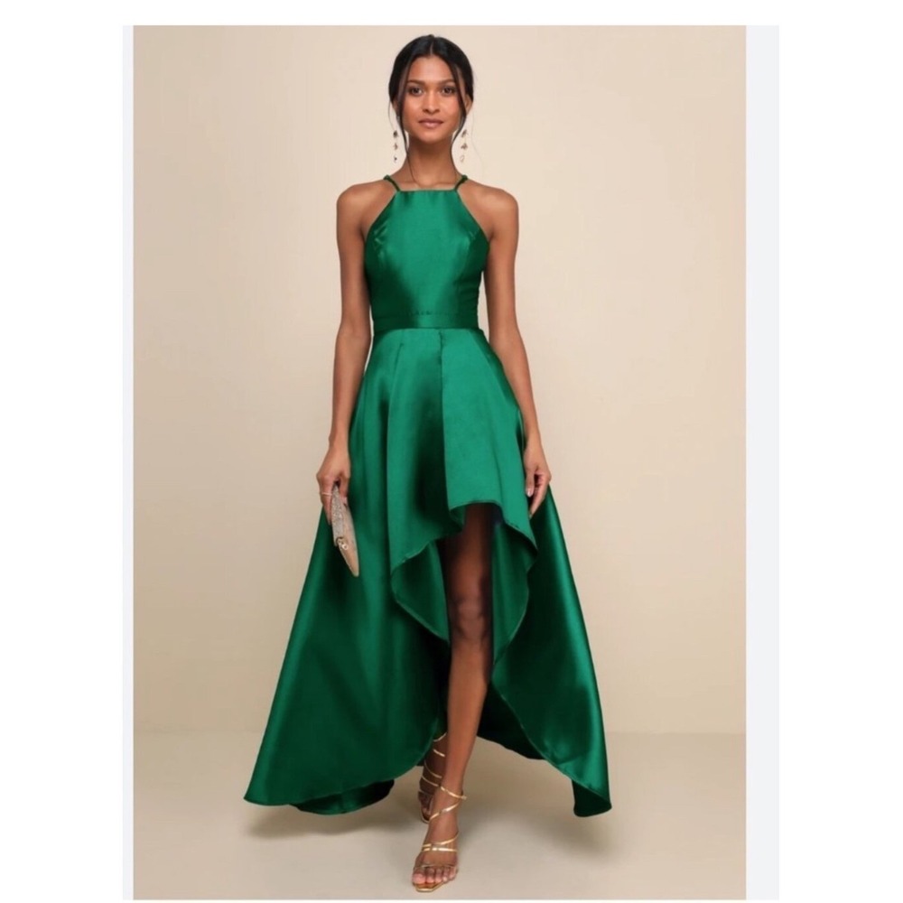 Lulus Broadway Show High-Low Gown Emerald Green Satin Halter Neck Dress Size L